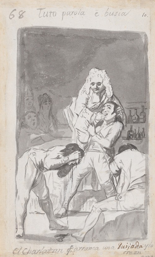 A charlatan extracting a tooth from a patient’s mouth, figure in the foreground vomiting