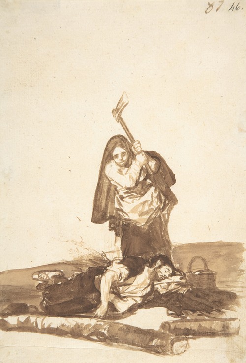 A woman about to attack a sleeping man with an axe (ca. 1812-20)