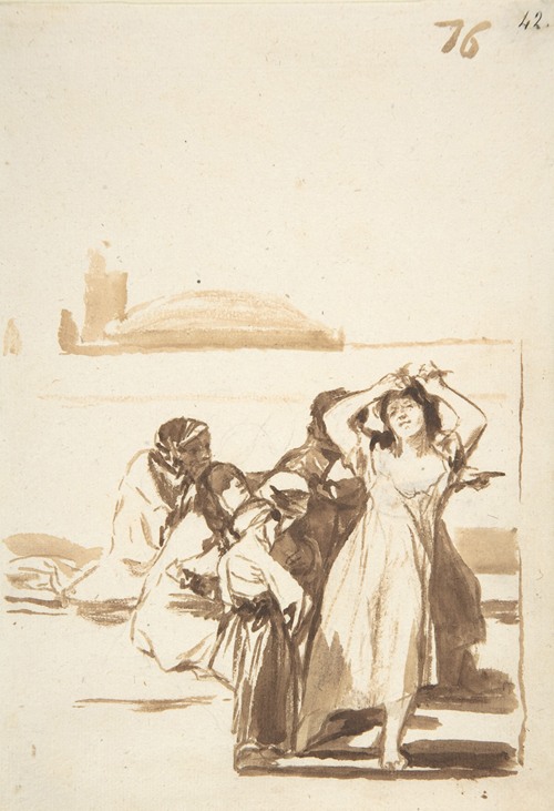A woman pulling at her hair being watched by a group of figures (ca. 1812-20)