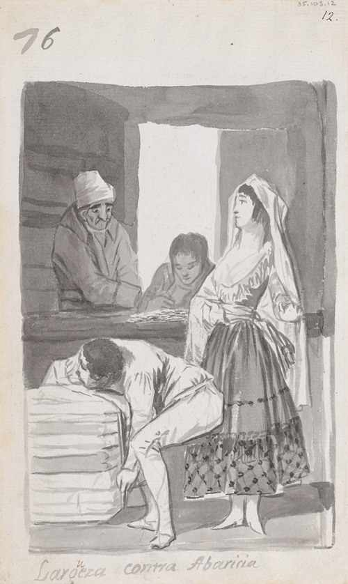 ‘Generosity versus Greed’, a woman and three men conducting a transaction inside a shop