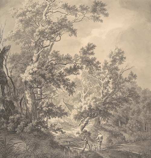 Landscape with a House Hidden Between Trees and Two Men Near a Small Bridge