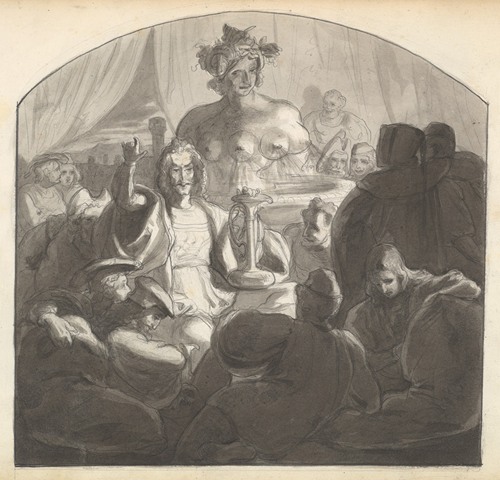 Speaker Addressing Male Figures Gathered at Night Around a Fountain