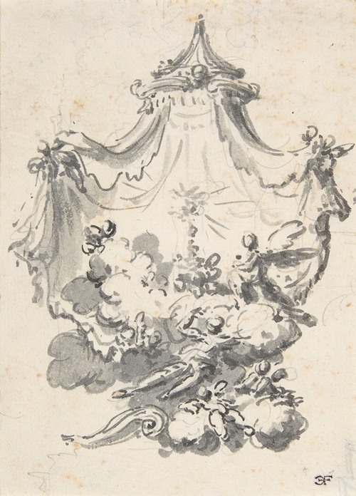 Parted Curtains Revealing Angels Upon Clouds Worshipping a Monstrance