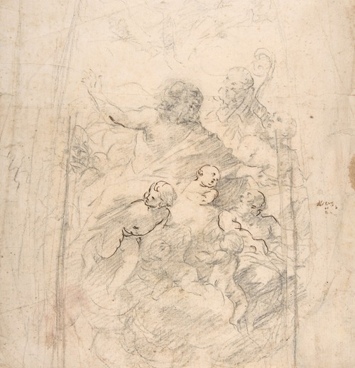 A Bearded Prophet in Glory Attended by a Bishop, Two Other Male Saints, and Angels (Design for a Section of a Dome)