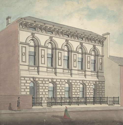 Perspective elevation, from left, of stonefaced building of five bays and two stories