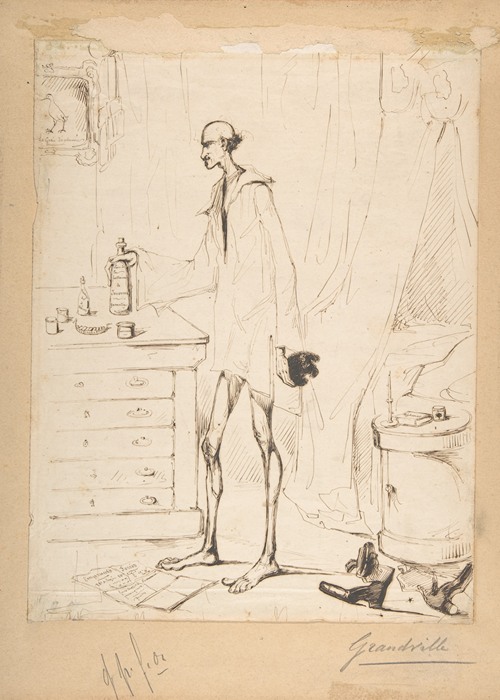 Man in a Nightshirt Reaching for a Bottle Labeled ‘Fountain of Youth’
