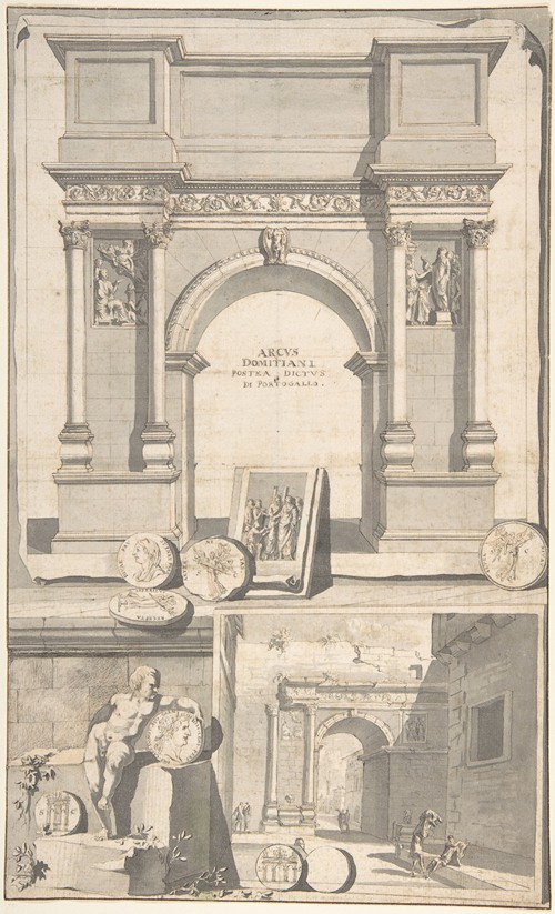 A Reconstruction of the Arch of Domitian (above) and View the Ruins (below)