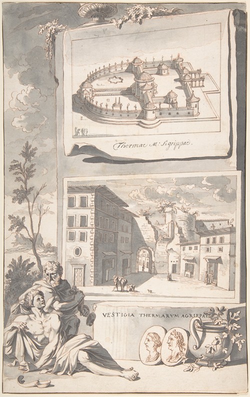 A Reconstruction of the Thermae Agrippae (above) and a View of the Ruins (below)