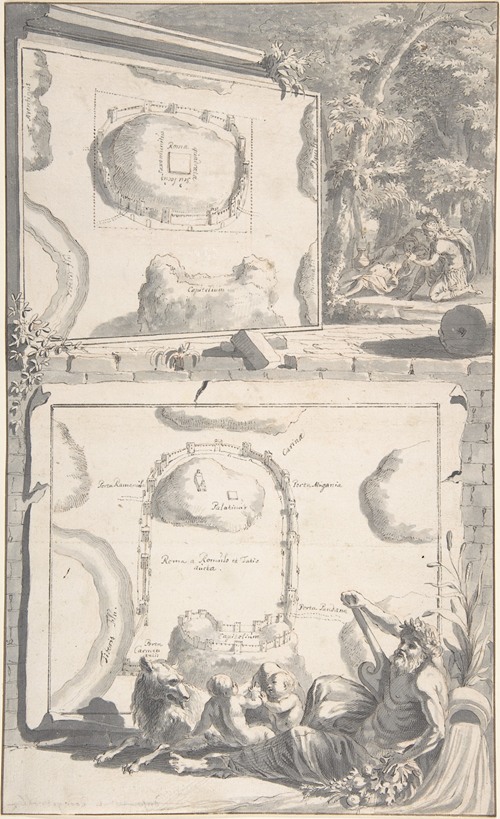 Two Maps of Ancient Rome with a River God and Romulus and Remus