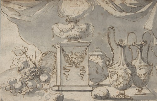Still Life; Vases, a Cassolette on a Pedestal, and an Overturned Basket of Fruit