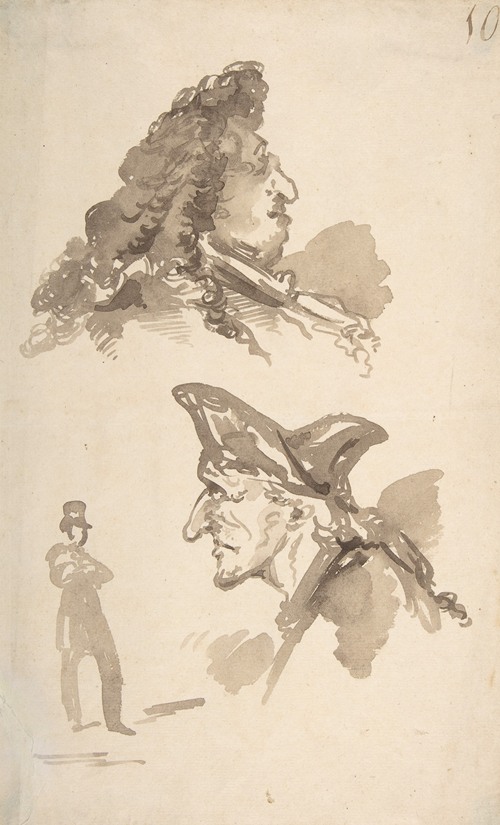 Two Male Heads in Profile and Standing Man