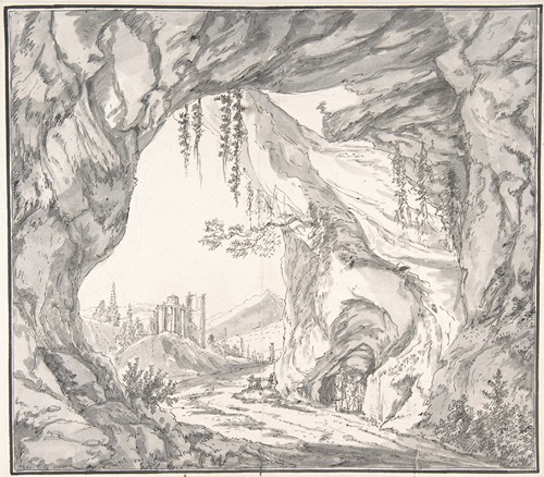 Mountainous Landscape with Ruins of a Castle and Three Men in a Cave, Seen through a Stone Gate