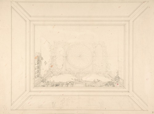Design for a ceiling decorated with trellis work and a trompe l’oeil balustrade