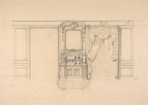 Elevation of a dining room with a carved buffet and window draperies