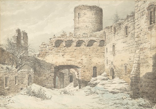 Winter View of the Courtyard of a Medieval Castle in Ruins