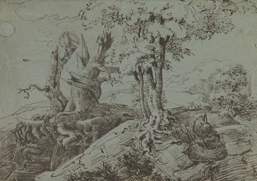 Rugged Moonlit Landscape with a Woman Seated by Gnarled Tree Roots, and an Owl