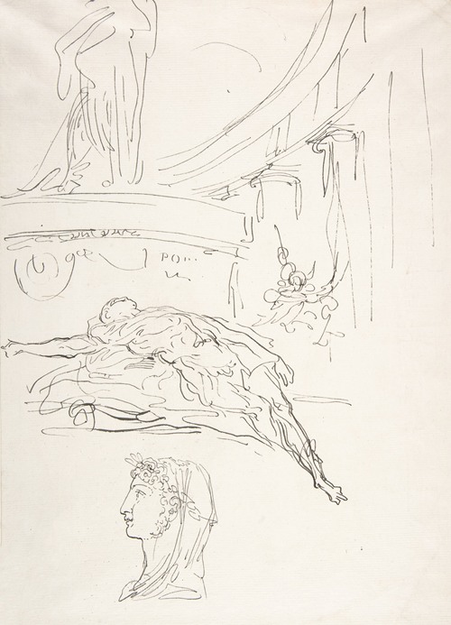 Sheet of Studies, Including a Roman Head, a Male Figure on a Pyre, and a Colonnade.