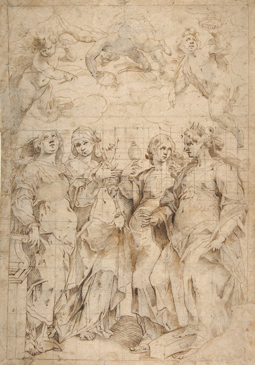 Saint Cecilia, Saint Mary Magdalen, Saint Catherine of Alexandria, and Saint Agnes, Angels with Palm Branches and Crowns Above