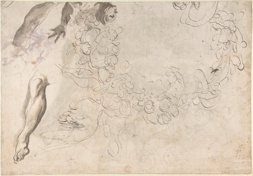 Studies of a Figure with Left Arm Upraised, a Leg, and Putti with Foliage