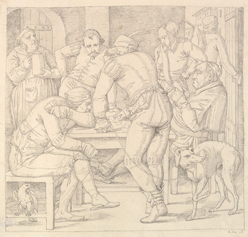 Five Men at a table in German Renaissance costume, playing cards in an inn