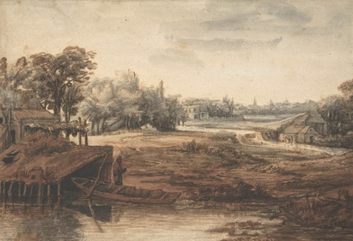 River Landscape with a Man Standing by a Boathouse (mid-17th-late 17th century)