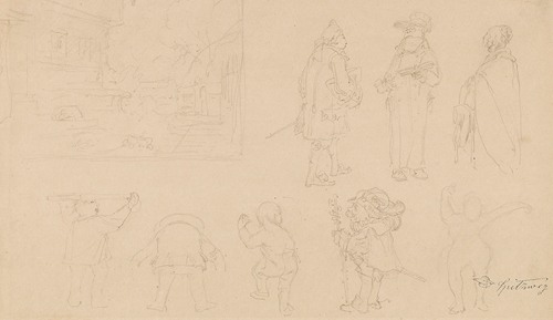 Skizzenblatt mit 8 Figurenskizzen, darunter Gnome, sowie Gartenkomposition mit Tor, Haus, Hund und Bäumen