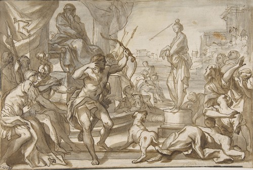 Male Figure with a Bow and Arrow Shooting at a Statue of a Woman with a Ball on her Head
