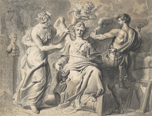 An Allegory of the Arts with Isis and Geometry Attending the Three-headed Figure of Painting and Sculpture, a Putto Crowning her with Laurels