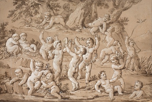 A Large Group of Putti Playing Contentedly by a Stream