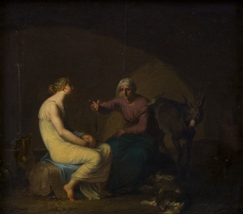 Røverbandens husholderske trøster den unge pige ved at fortælle myten om Amor og Psyche. Motiv fra Apulejus, Det gyldne æsel