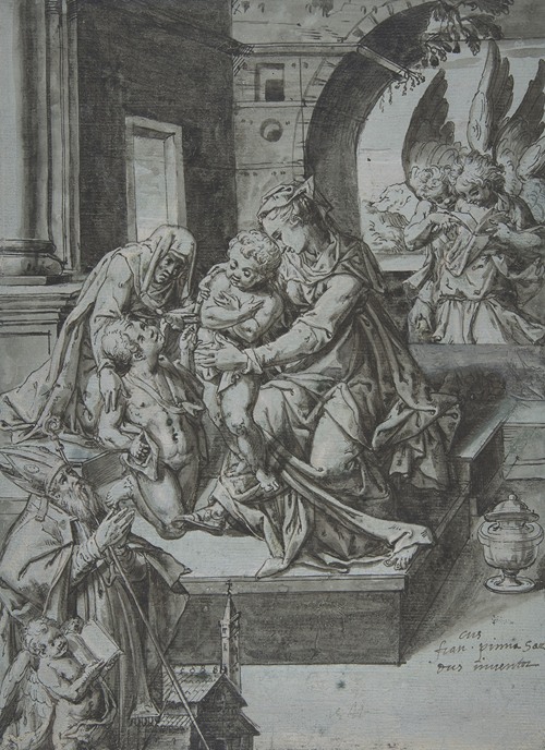 The Virgin and Child with the Infant Baptist, Saint Elizabeth, a Kneeling Prelate, and Three Attendant Angels