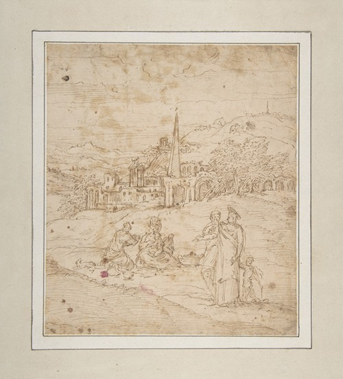 Standing and Seated Figures in a Landscape with an Obelisk