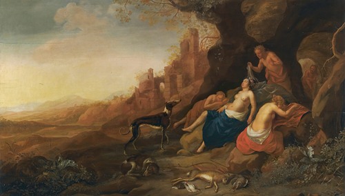 Diana And Her Nymphs Resting After A Hunt With Two Satyrs Spying On Them