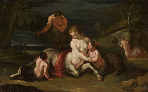 Portrait of centaur family against landscape