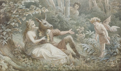 Die Elfenkönigin Titania bekränzt den neben ihr sitzenden, eselköpfigen Nick Bottom
