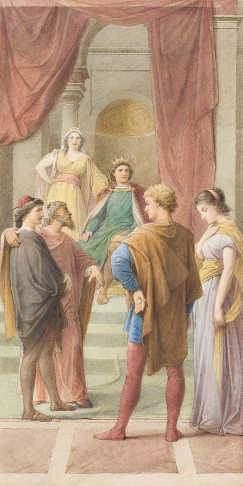 Egeus fordert vor dem Herrscherpaar Theseus und Hippolyta, seine Tochter Hermia solle Demetrius anstelle von Lysander heiraten
