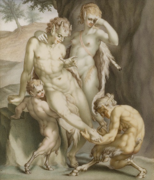 En satyr, en menad och tvenne fauner, sysselsatta med att dra ut en sticka