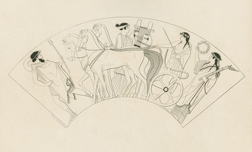 Apollo riding in a quadriga drawn by horses, with Artemis and Hermes