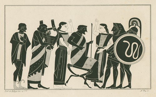 Jupiter, about to give birth to Minerva, is attended by two Eileithyias (goddesses of birth), and Apollo, Mercury, Hercules and Mars