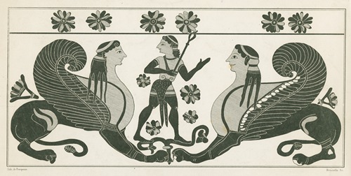 A youthful Hermes stands on a plant between two crouching sphinxes