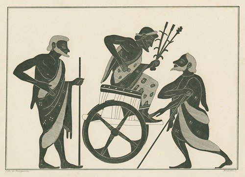 Triptolemus seated in his chariot, flanked by two men