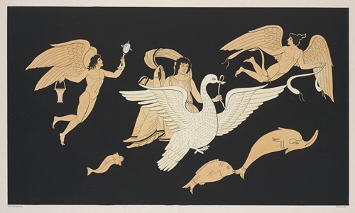 Venus seated on a swan and accompanied by two hermaphrodites.