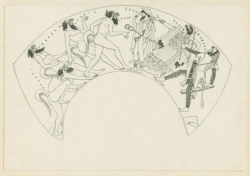 Kylix painting with four satyrs repelled by Hermes, Hera and Heracles
