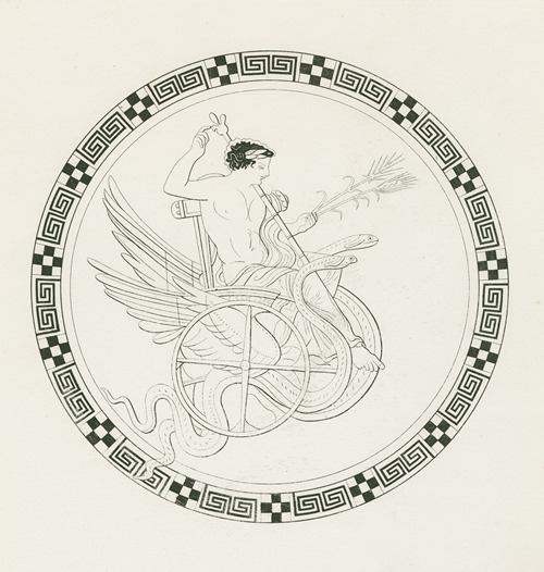 Triptolemus seated in his winged chariot drawn by serpents
