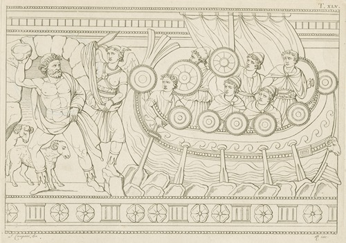 Polyphemus bombards Ulysses and his crew with rocks as they escape from the Cyclopes’ island lair