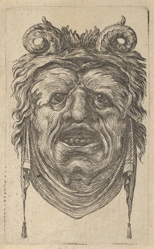 Satyr Mask with Curled Horns, Leafy Eyebrows and a Cloth Hanging Beneath the Chin