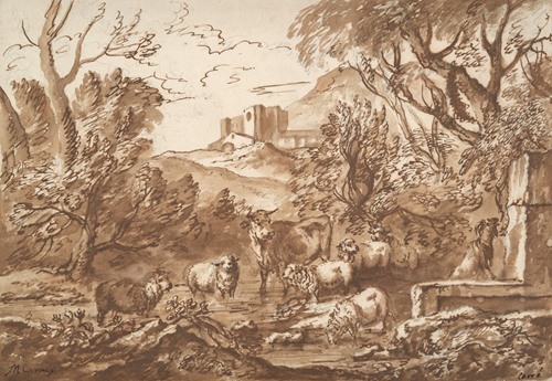 Cattle in a watering place near a fountain late