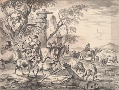 Cattle and shepherds near ruins late