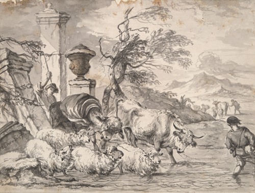 Cattle wasing through a flooded stream