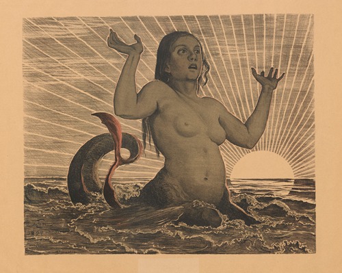 Nereid with raised arms against the backdrop of the rising sun
